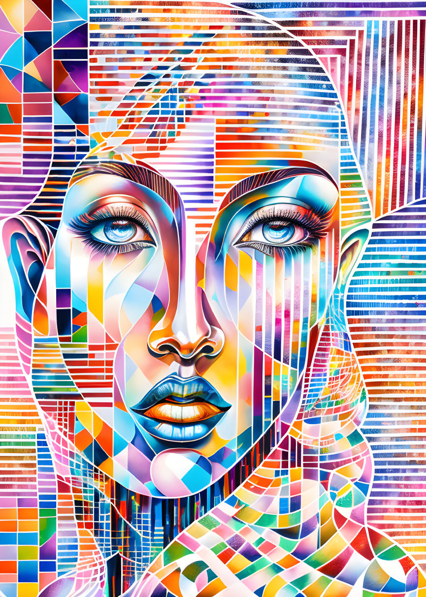 Vibrant abstract portrait of a woman with striking eyes and geometric patterns