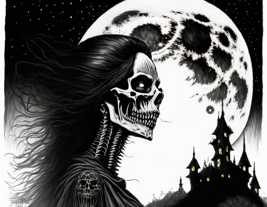 Macabre artwork: skeletal figure, full moon, castle silhouette