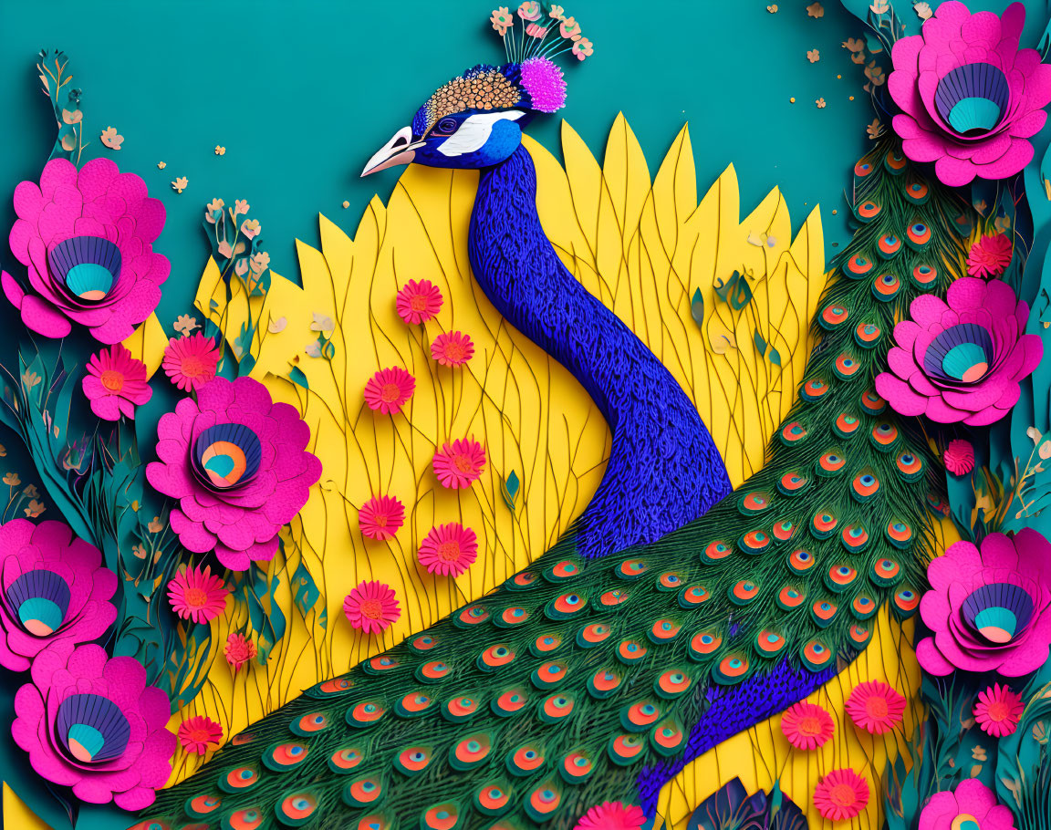 Colorful Peacock Artwork with Paper-cut Flowers on Teal Background