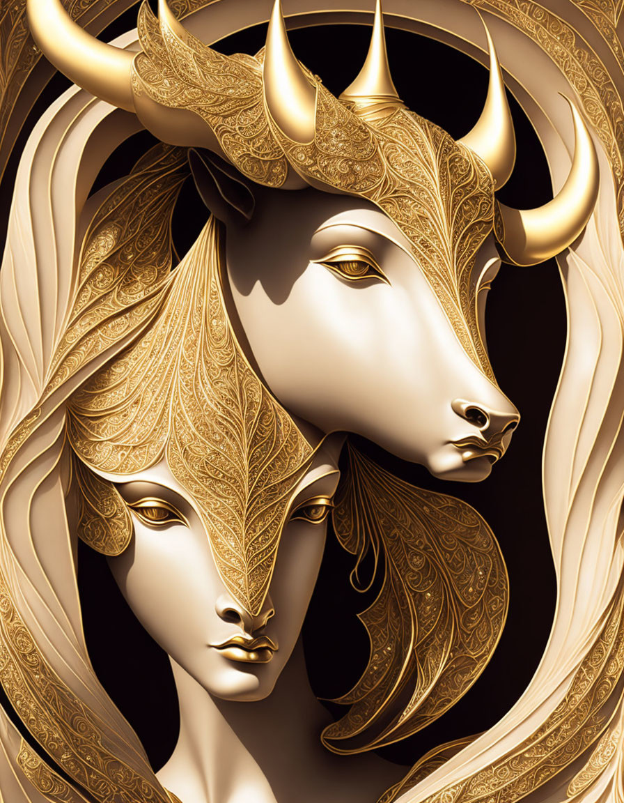 Profile of Human and Bull Faces Intertwined in Gold Patterns