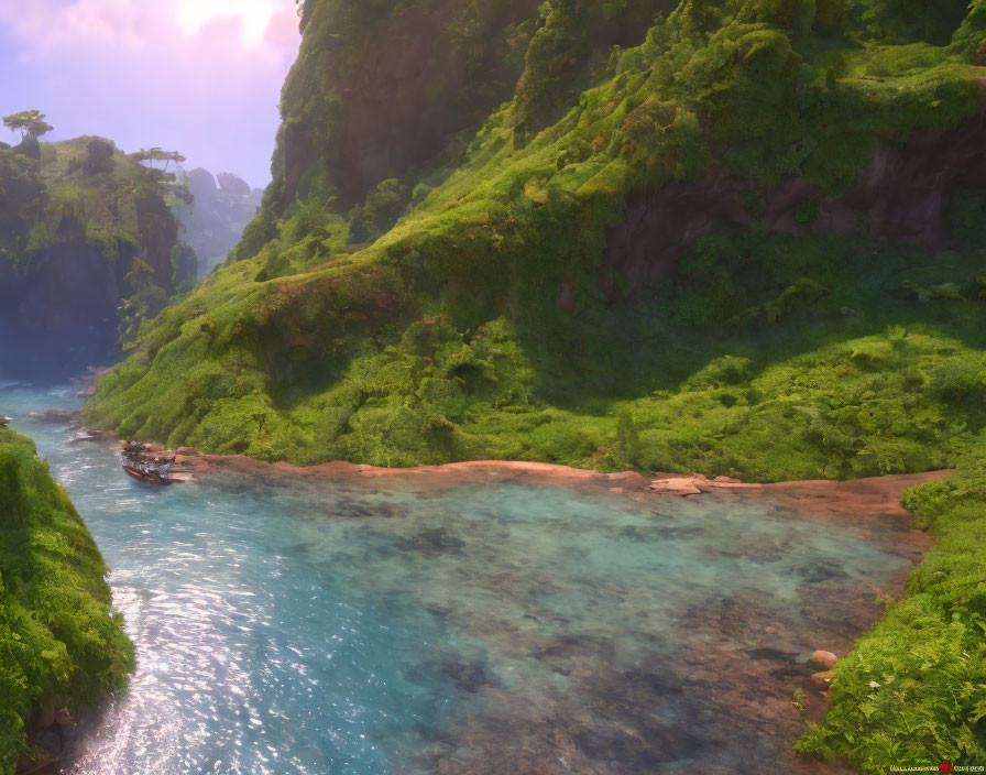 Tranquil sunlit valley with lush green cliffs and clear blue stream