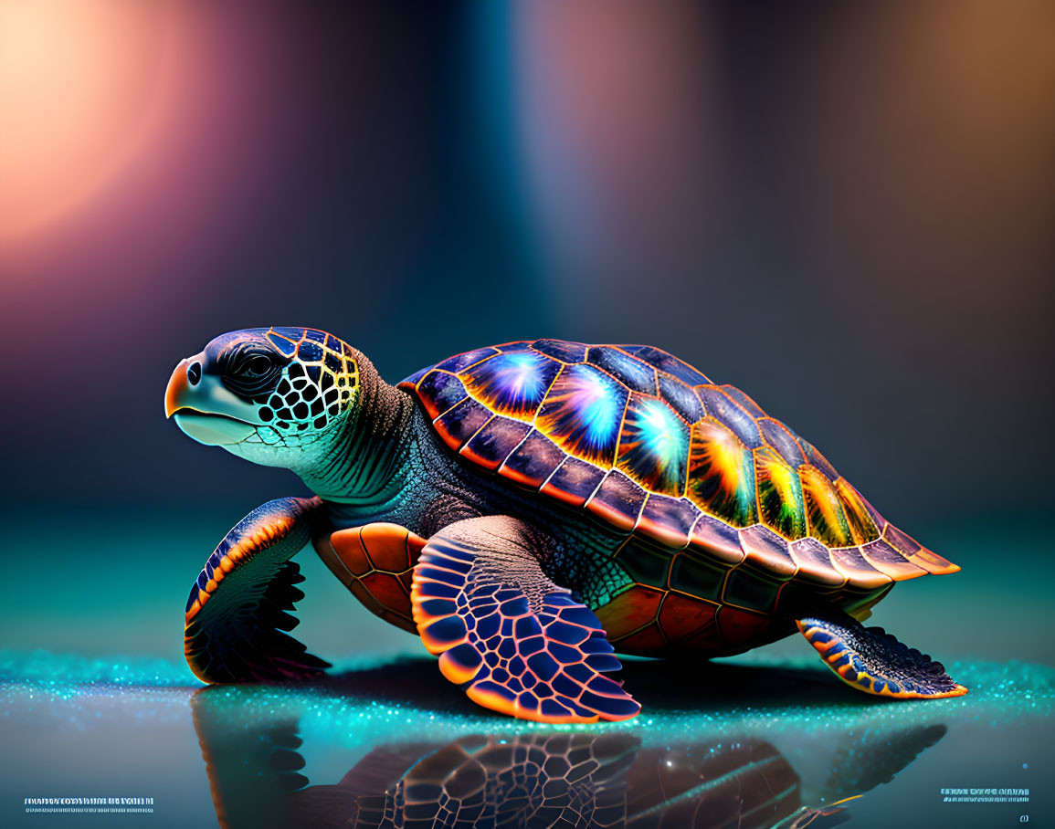 Colorful Sea Turtle on Glossy Surface Against Gradient Background