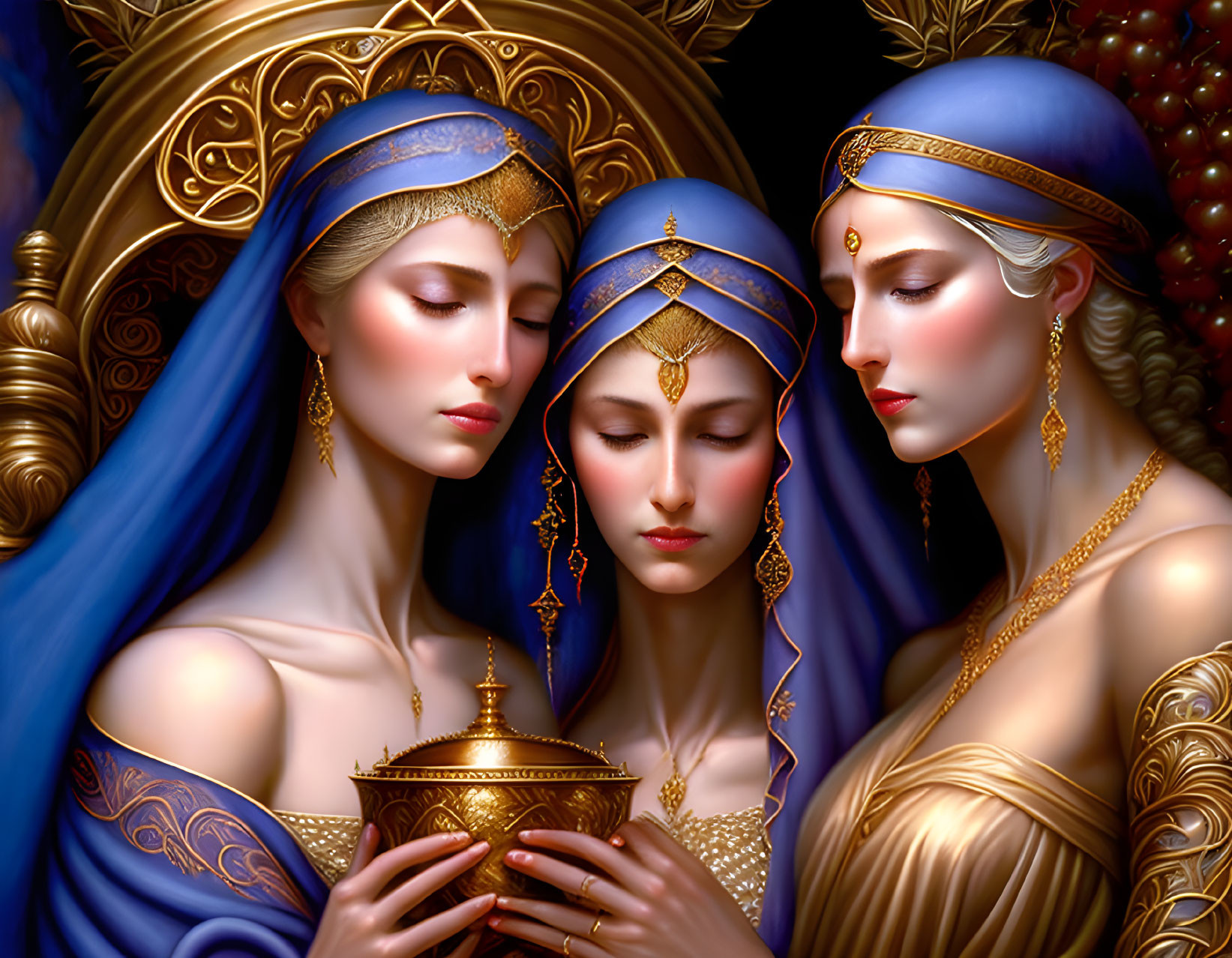 Elegantly Attired Women with Jewelry and Golden Vessel