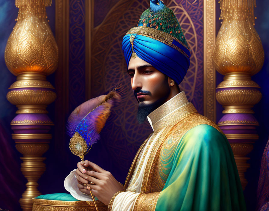 Traditional Attire Man Portrait with Turban and Peacock Feather against Golden Pillars