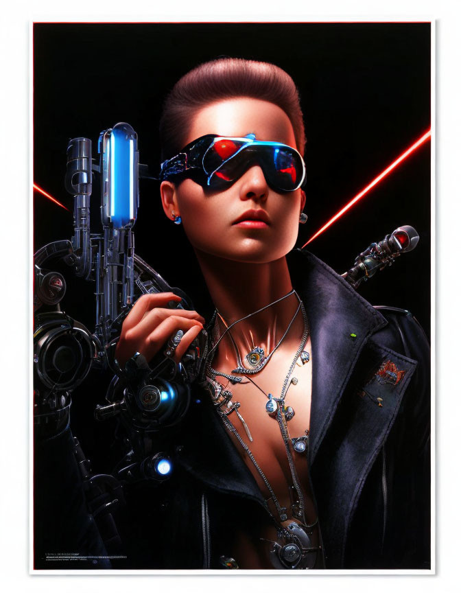 Futuristic cybernetic arm and neck enhancements with reflective sunglasses and neon lighting