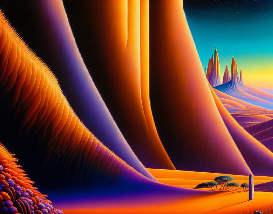 Colorful surreal landscape with orange dunes, blue-purple spheres, stylized trees, and pointy