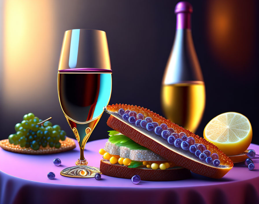 Red wine glass, caviar on toast, grapes, and lemon slice on purple surface with bottle