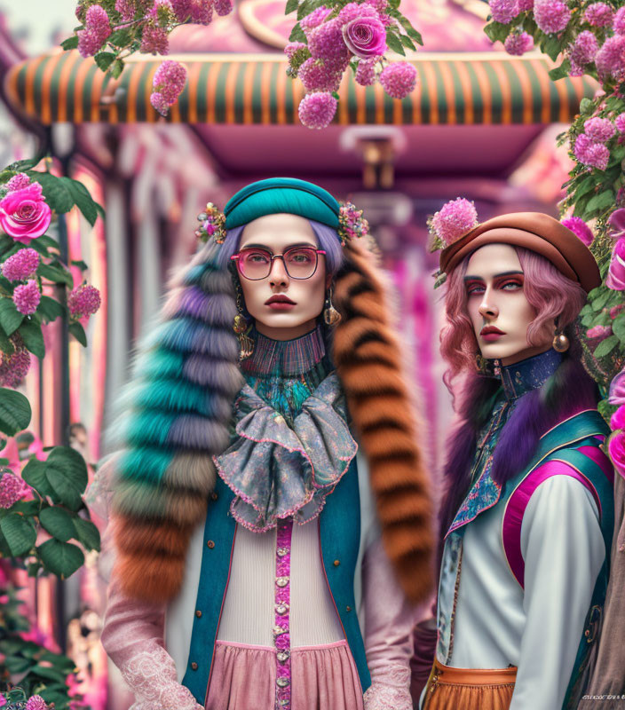 Stylishly dressed duo under floral archway with whimsical vibe