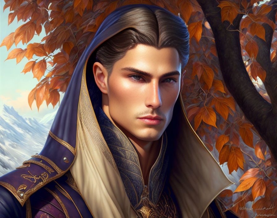 Regal elf in hooded cloak surrounded by autumn leaves and mountains