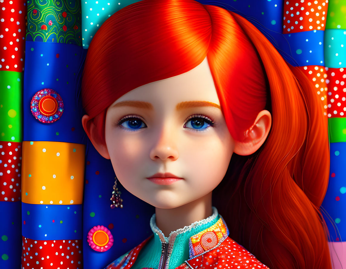 Vibrant digital artwork featuring girl with red hair and colorful outfit