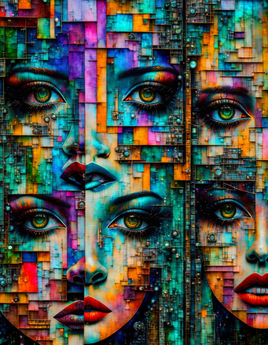 Multicolored digital mosaic with symmetrical faces and expressive eyes