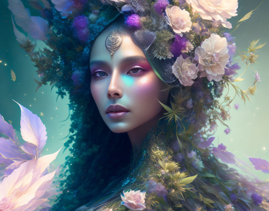 Fantasy portrait featuring person with floral headpiece and mystical ambiance