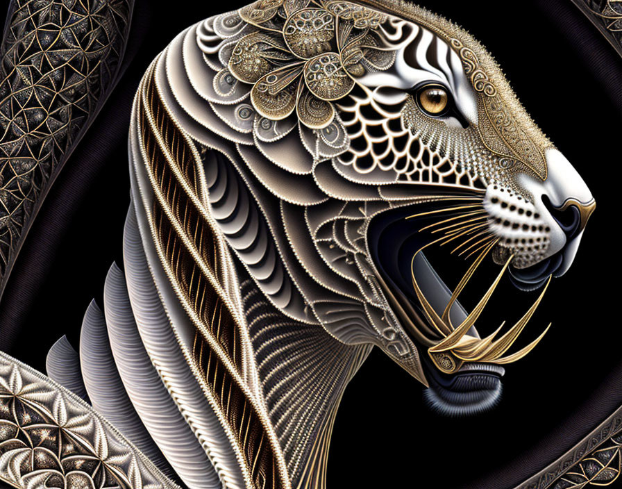 Stylized leopard head artwork with golden and white highlights on dark ornate background