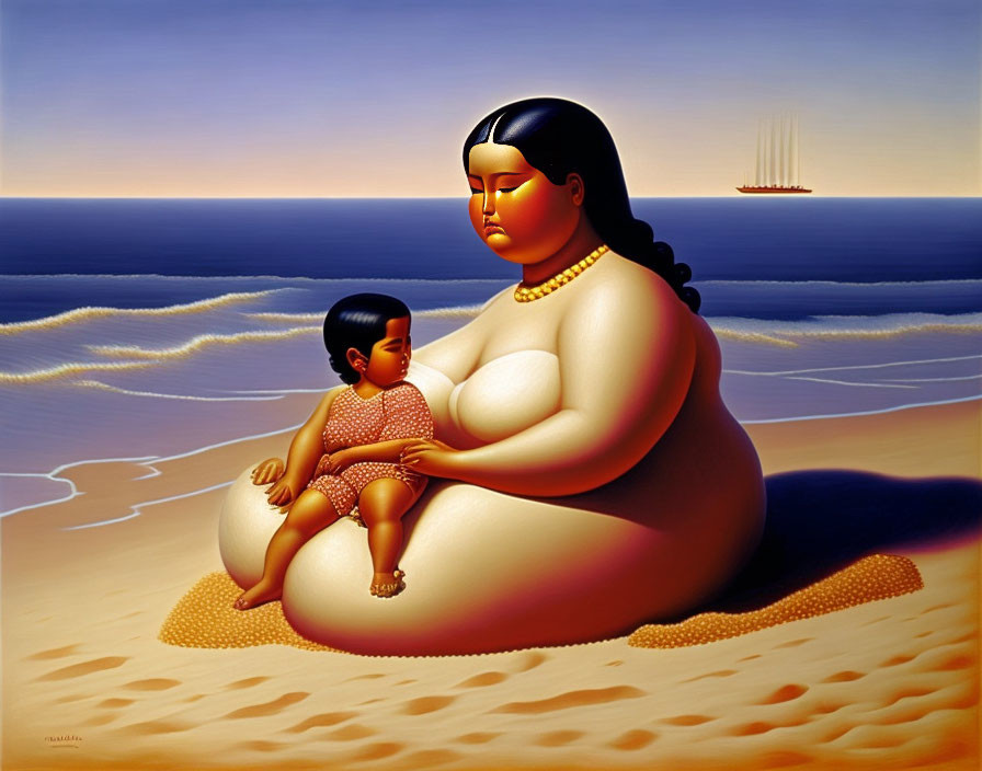 Stylized painting of large woman and child on beach with ship in horizon