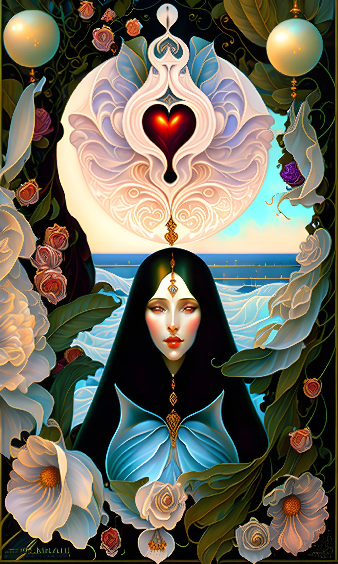 Stylized woman in blue cloak with roses and ornate patterns