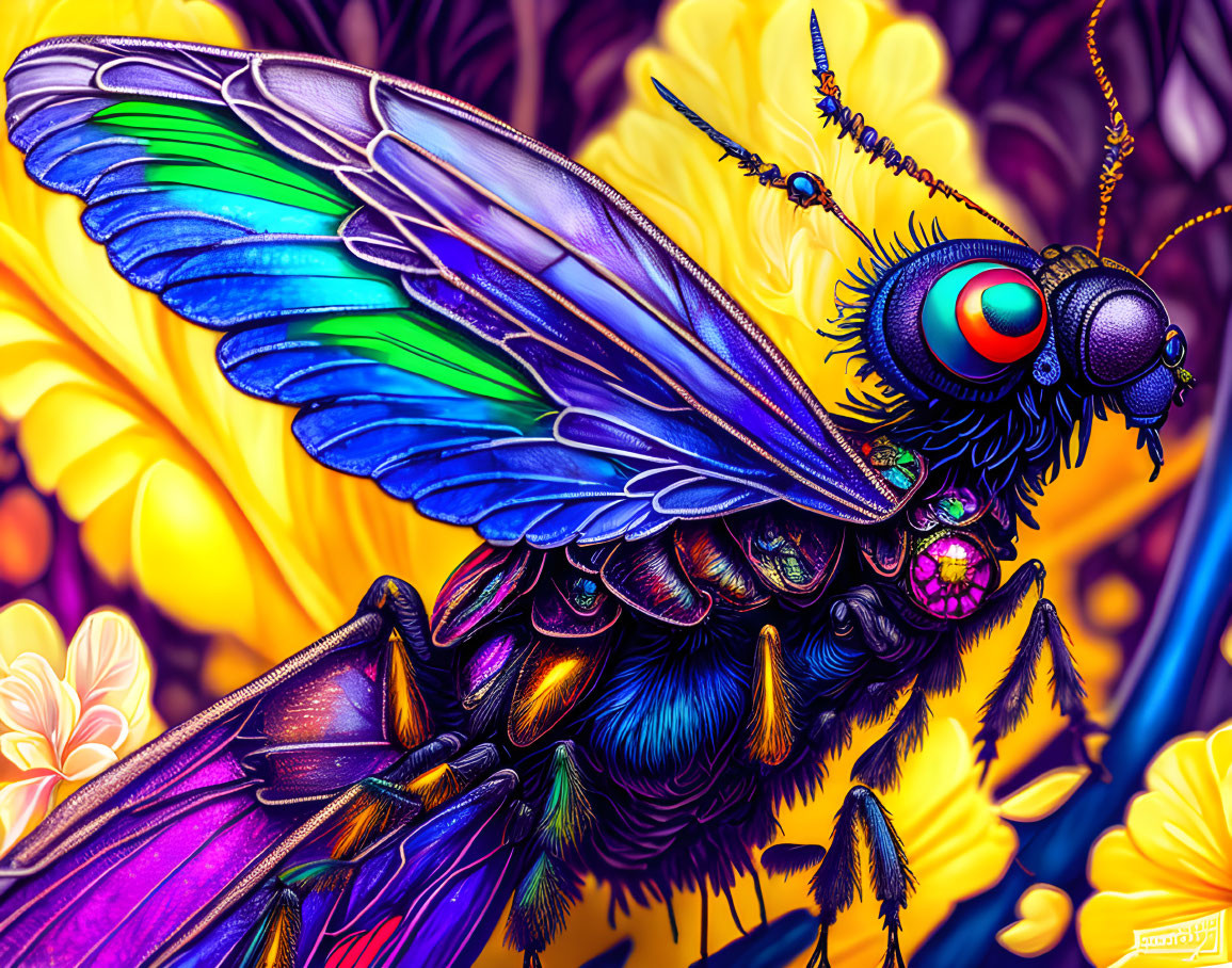 Colorful Stylized Bee Illustration with Iridescent Wings