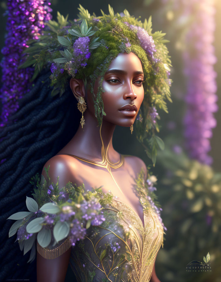 Digital artwork: Woman in golden dress with floral adornments among purple flowers