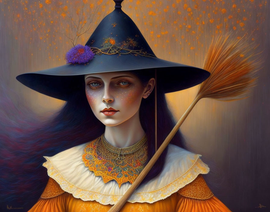 Blue-eyed witch painting with freckles, broom, purple flower hat, and ornate orange