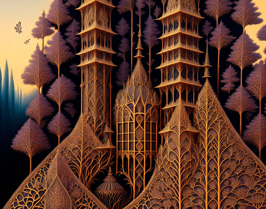 Fantastical autumn landscape with ornate towers and mystical creature