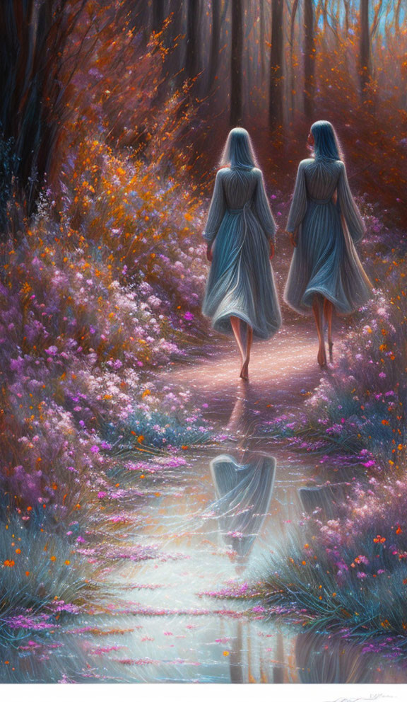 Ethereal figures walking in vibrant forest scene