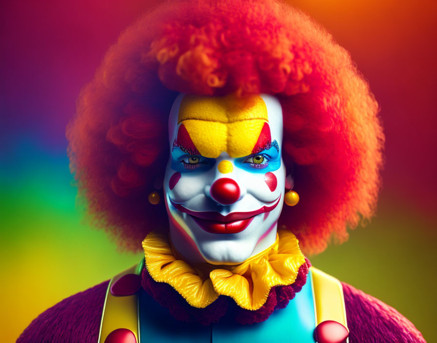 Colorful Clown with Exaggerated Makeup and Red Nose on Rainbow Background