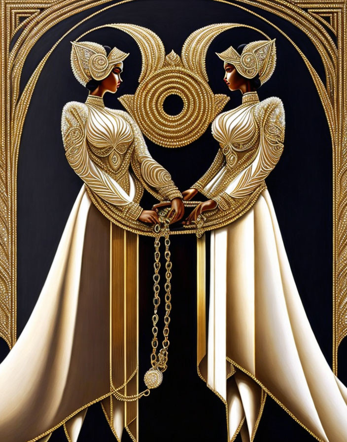 Symmetrical figures in white and gold costumes linked by golden chain