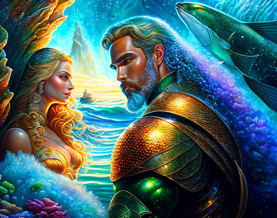 Colorful Illustration of Bearded Man and Woman in Armor Underwater