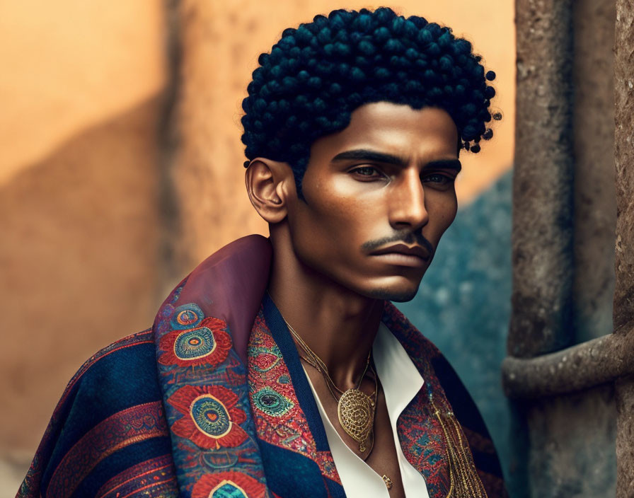 Digital artwork of a man with dark skin, afro hairstyle, patterned scarf, white shirt,