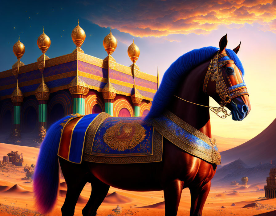 Majestic horse with ornate tack in front of opulent palace at sunset