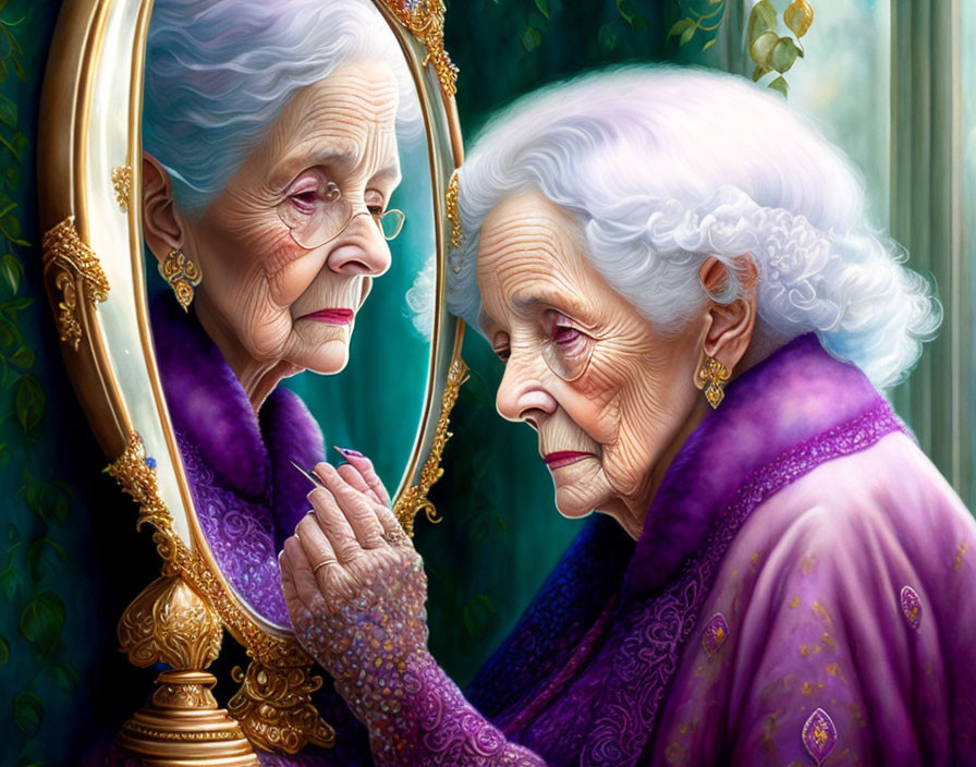 Elderly woman in purple dress gazes at reflection in ornate mirror