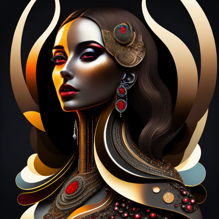 Elaborate golden adorned woman in vibrant digital portrait