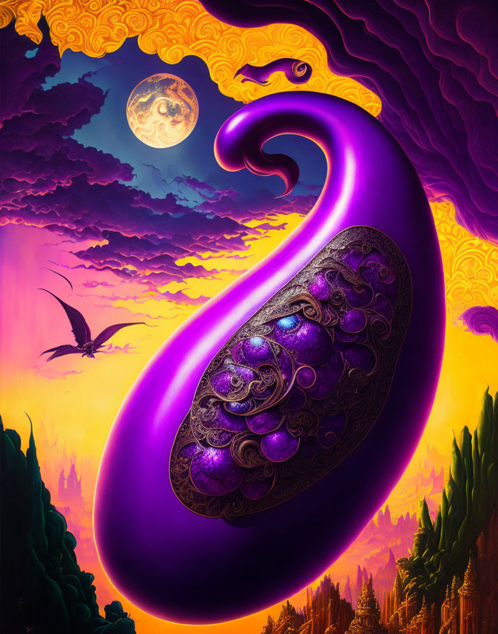 Purple paisley object with intricate designs in dreamy sky.