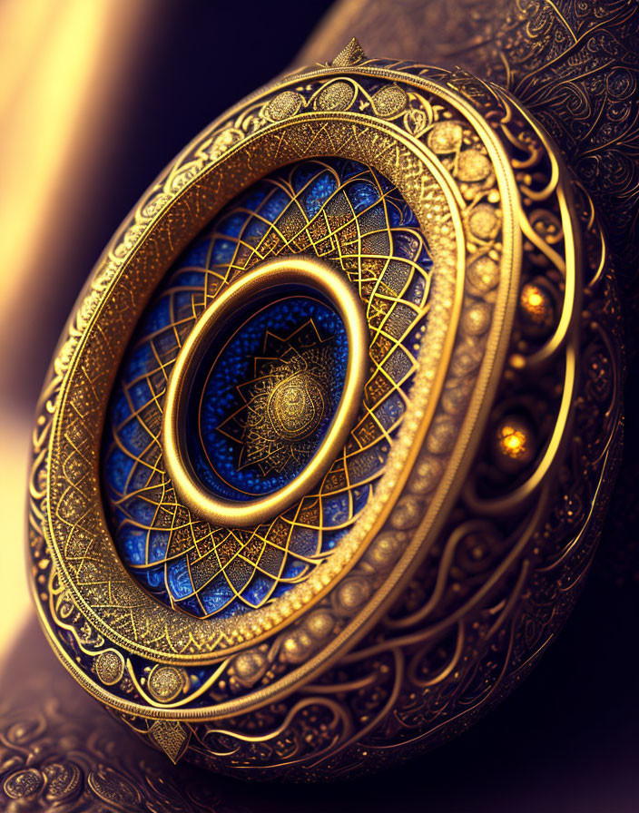 Intricate golden object with blue gemstone on warm background