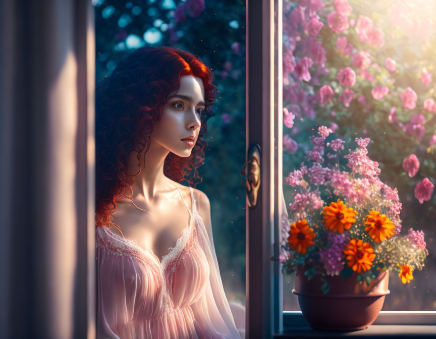 Curly Red-Haired Woman Looking out Window at Sunset with Flowers