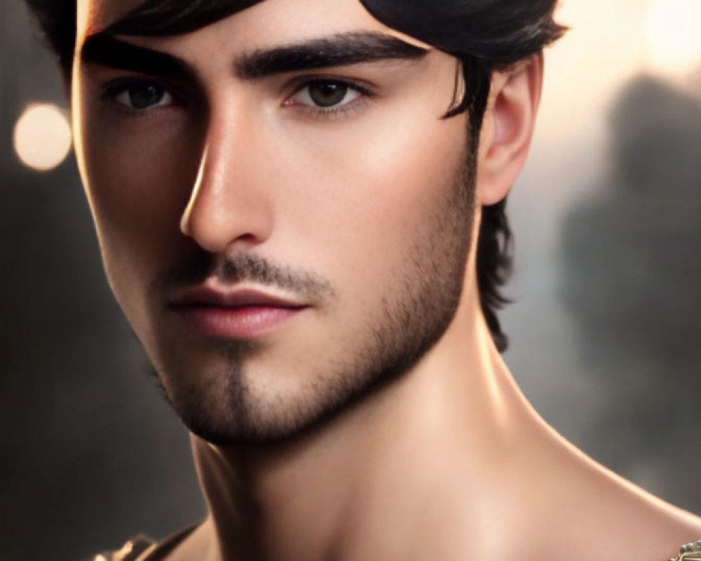 Young man with dark hair and headband in digital portrait against soft background