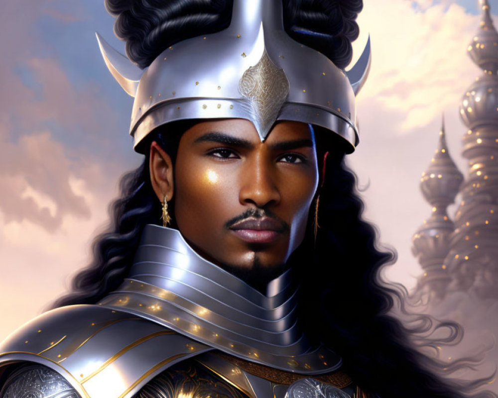 Portrait of a man in silver armor with winged helmet against cloudy sky