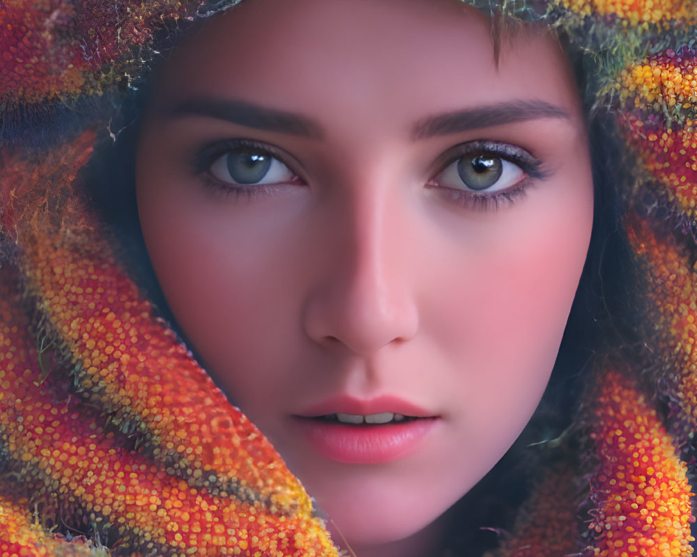 Close-up Portrait of Woman with Striking Eyes in Colorful Textured Hood