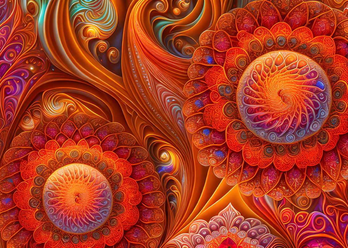 Intricate Fractal Designs in Warm Red, Orange, and Gold