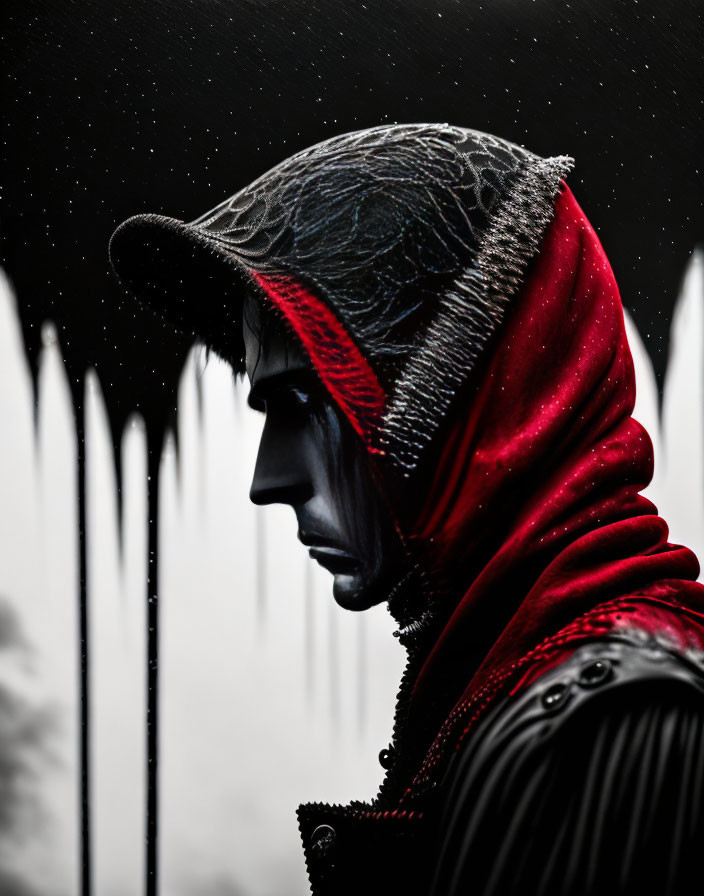 Profile view of person in dark hood with red lining, against moody blurred background.