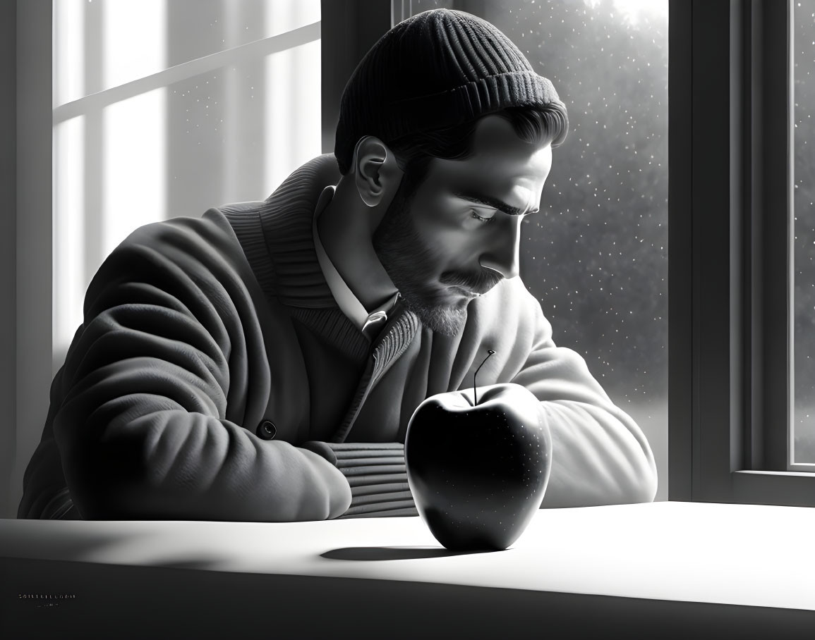 Man in beanie and jacket ponders shiny apple on table with backlit window.