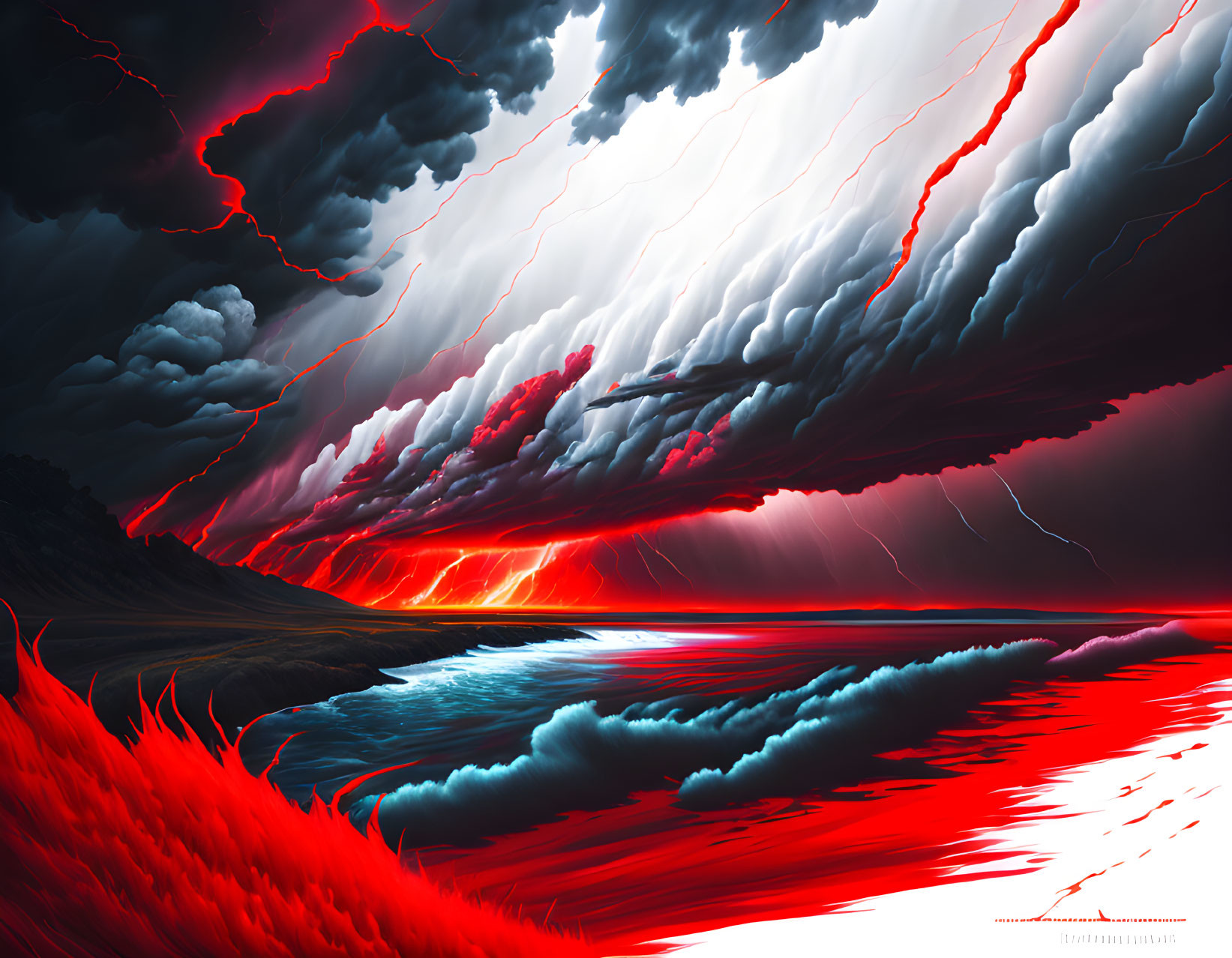 Vibrant red and black thunderstorm over surreal landscape