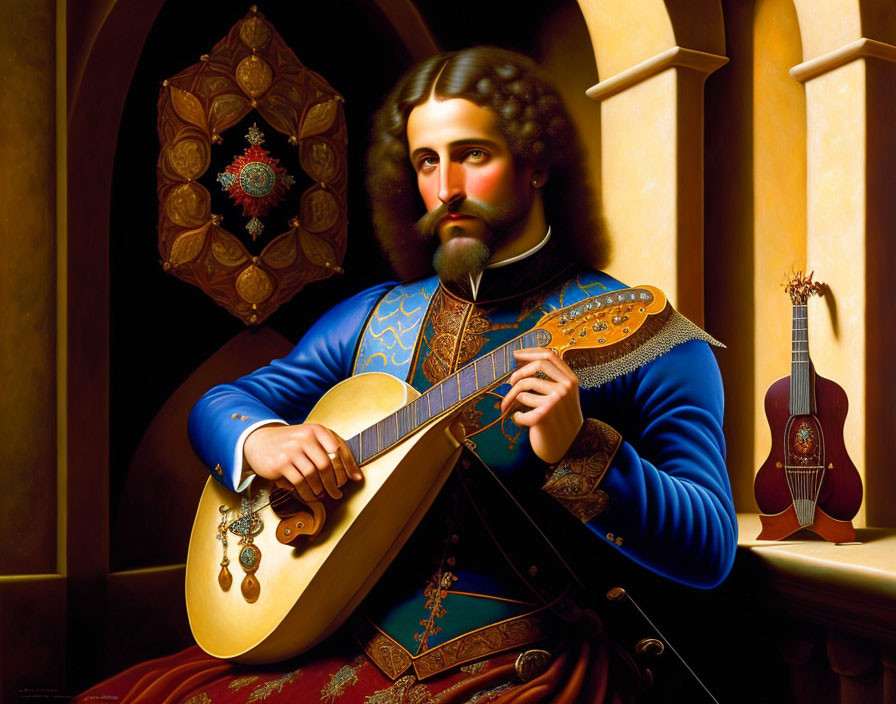 Historical painting of man with beard playing lute in ornate clothing