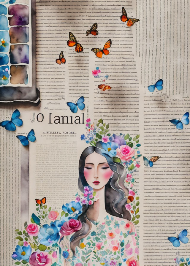 Whimsical Scene of Woman with Flowers and Butterflies