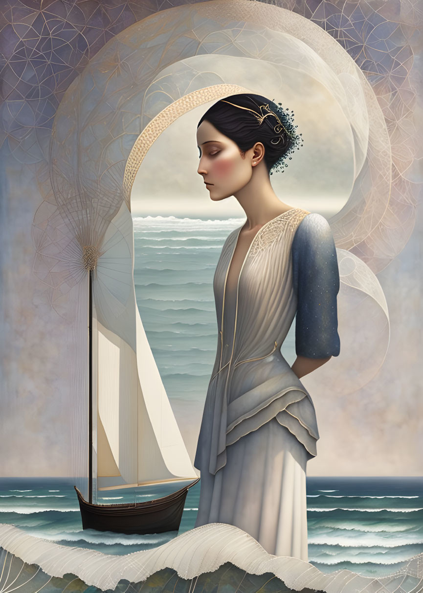 Vintage dressed woman poses by seascape with sailboat and geometric patterns.