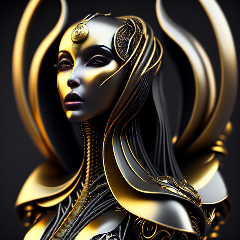 Futuristic female figure in golden and black stylized attire