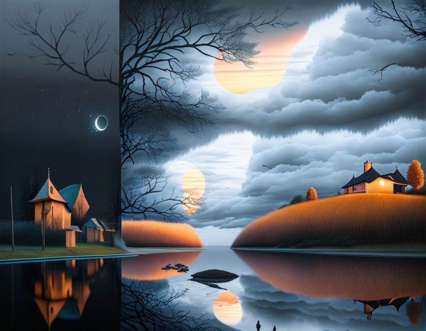 Surreal Landscape of Day and Night with Reflections