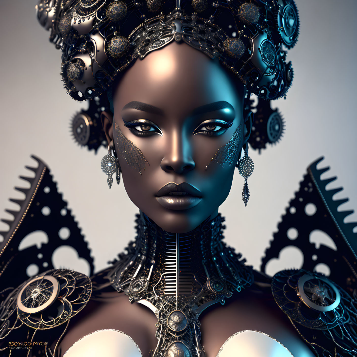 Digital artwork: Woman with futuristic tribal adornments and detailed headdress