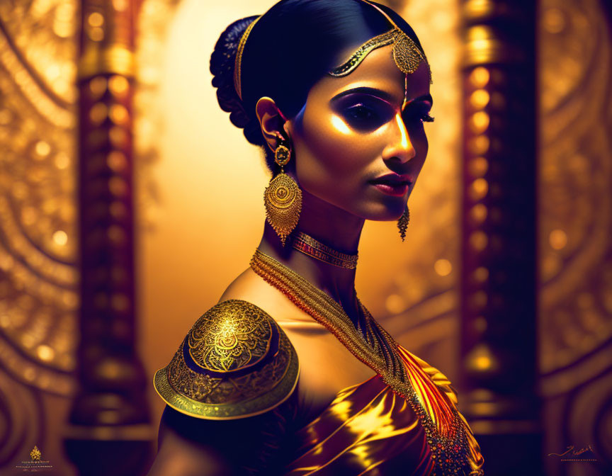 Traditional Attire with Jewelry Against Golden Backdrop