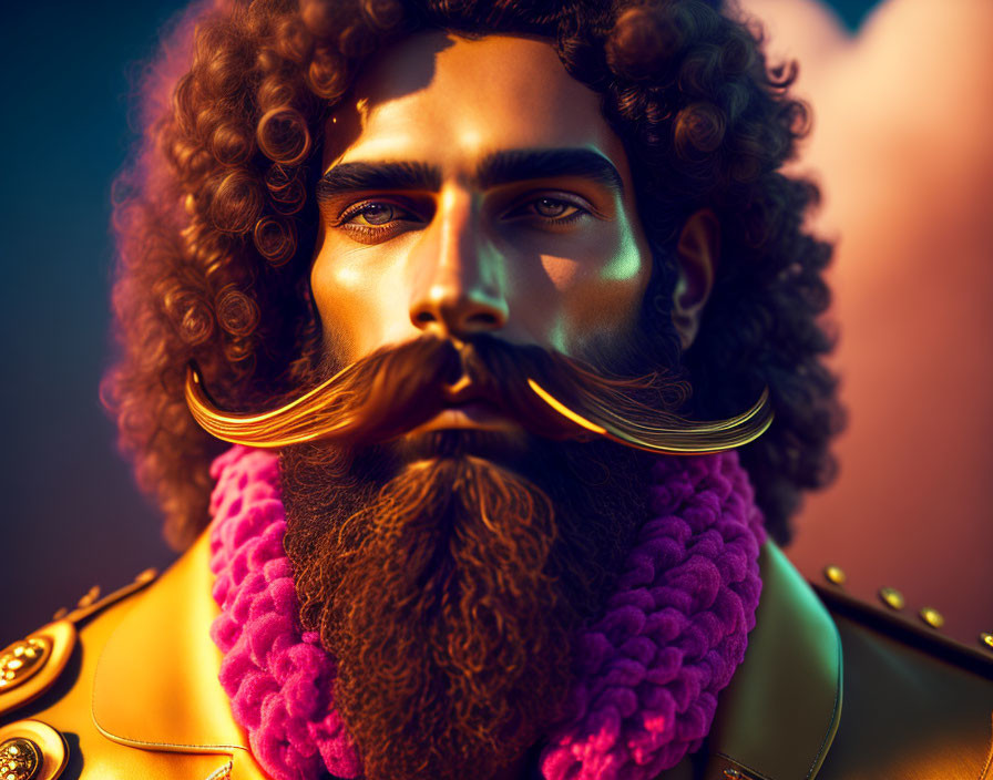 Man with Voluminous Curly Hair and Golden Mustache in Vibrant Illustration