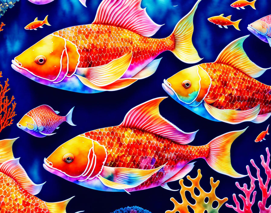 Vibrant orange fish among coral in blue oceanic scene